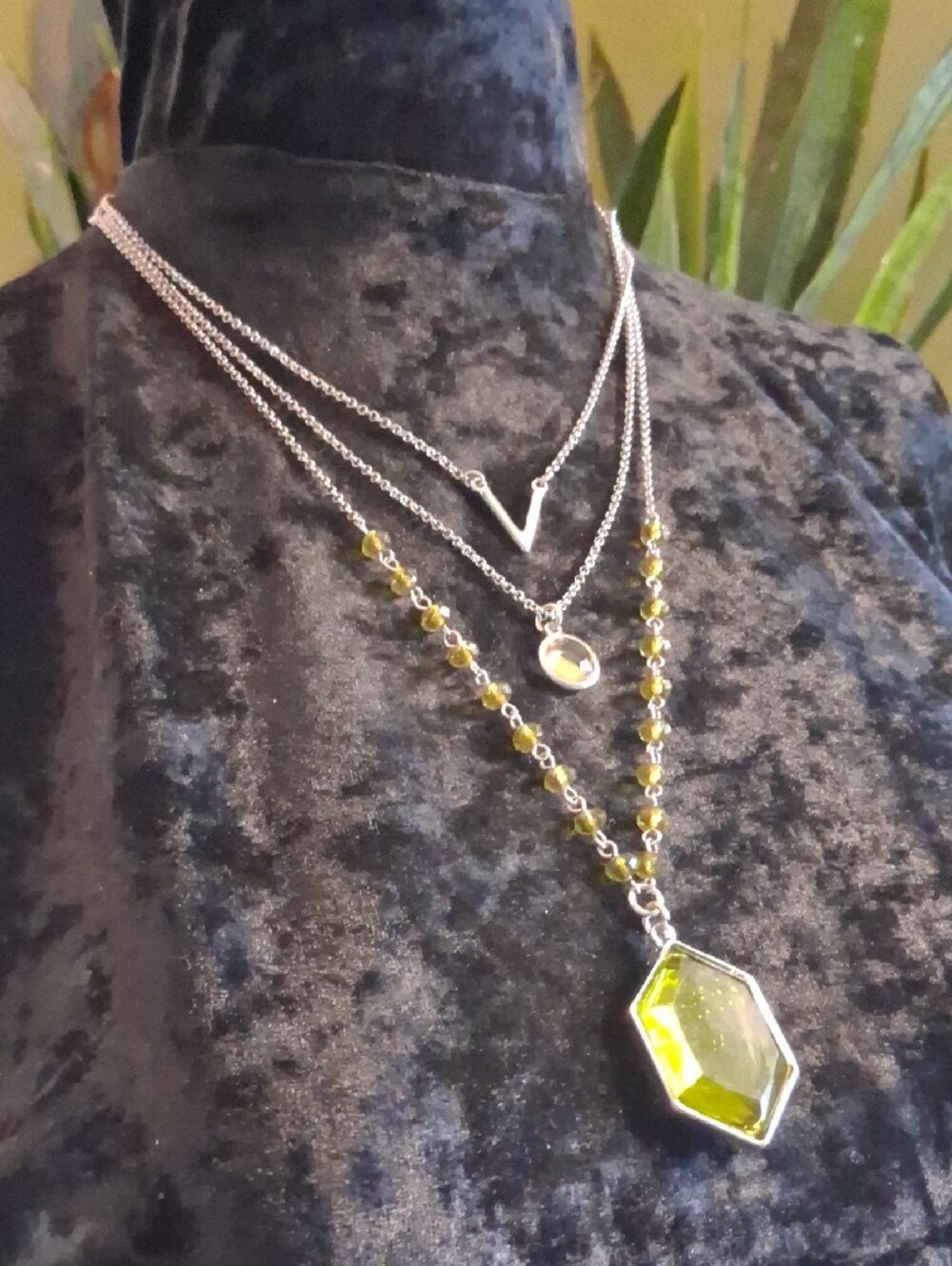 Charming Charlie Silver Layered Necklace & Earring Set with Olive Green Stones - Picture 6 of 8
